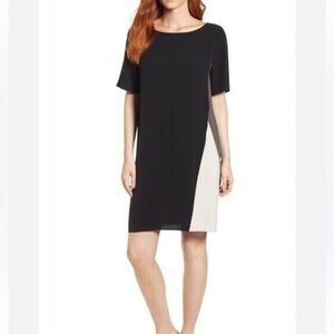 Eileen Fisher Bateau Neck Knee Length Dress Black Silk Crepe XS tall petite